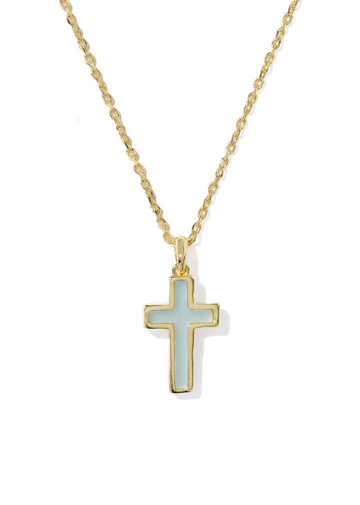 Gold framed cross pendant with a light blue stone on a gold chain necklace