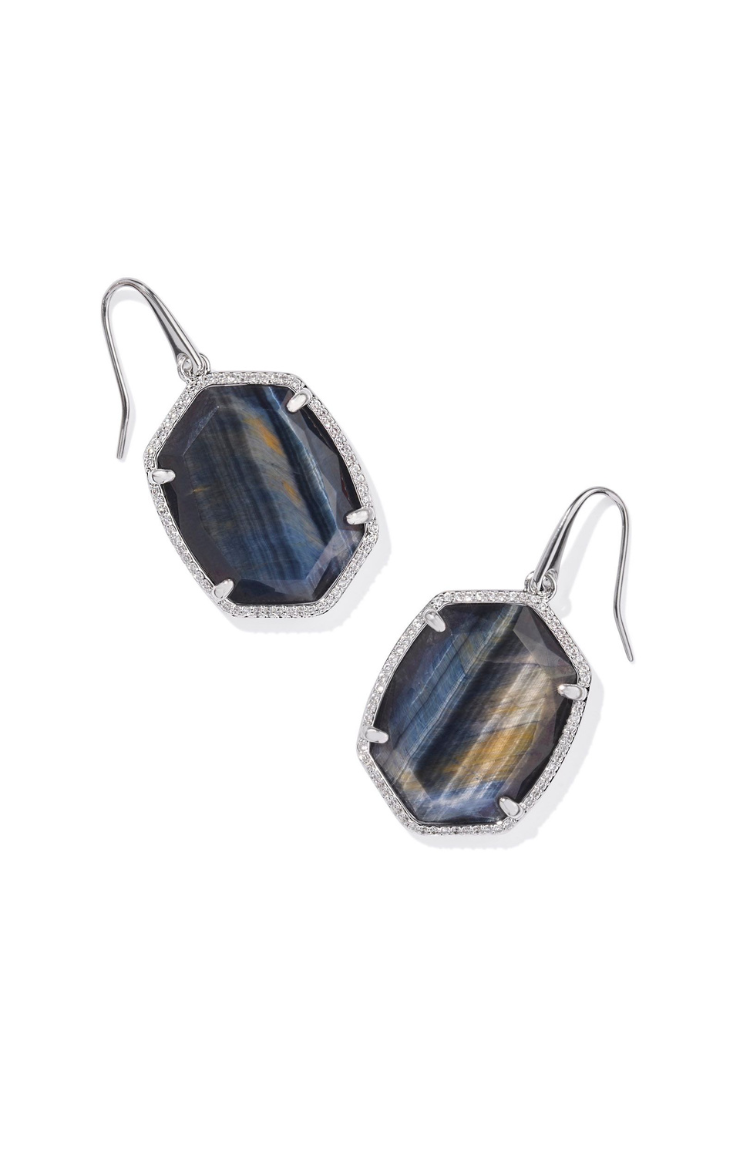 Kendra Scott Daphne Pave Frame Drop Earrings in Silver/Navy Tiger's Eye