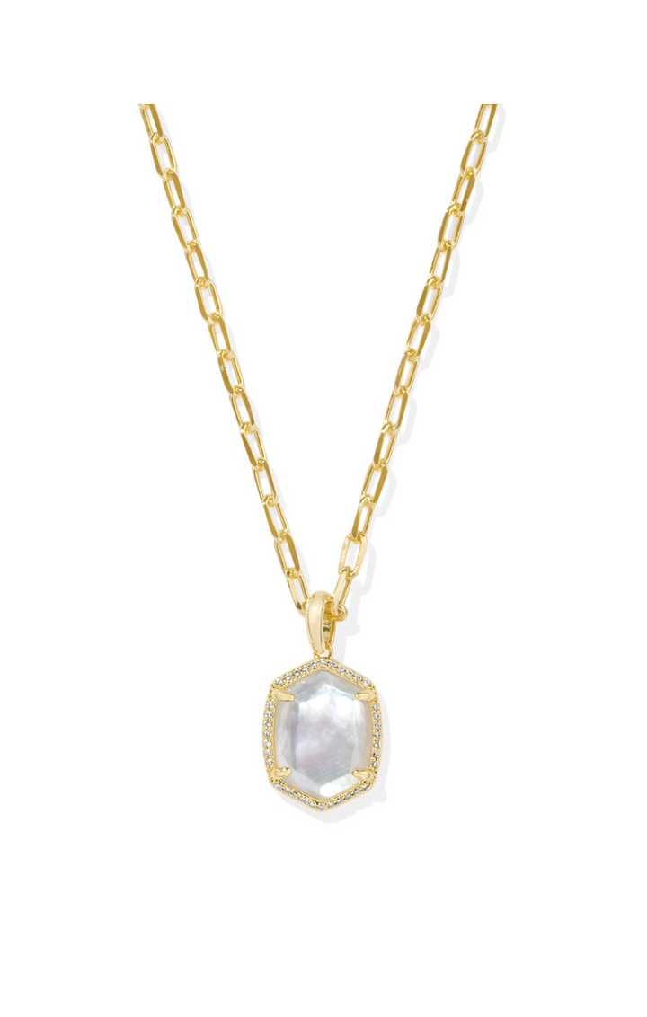 Kendra Scott Daphne Pave Frame Short Pendant Necklace in Gold/Iridescent Ivory Drusy