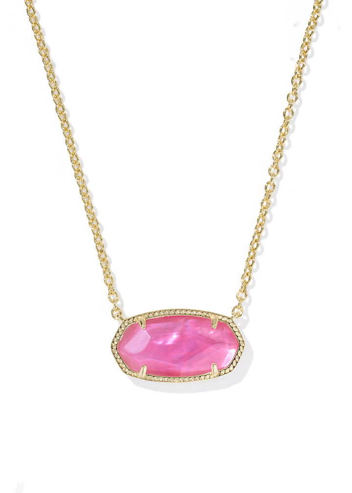Women's gold chain pendant necklace with a pink stone on a white background
