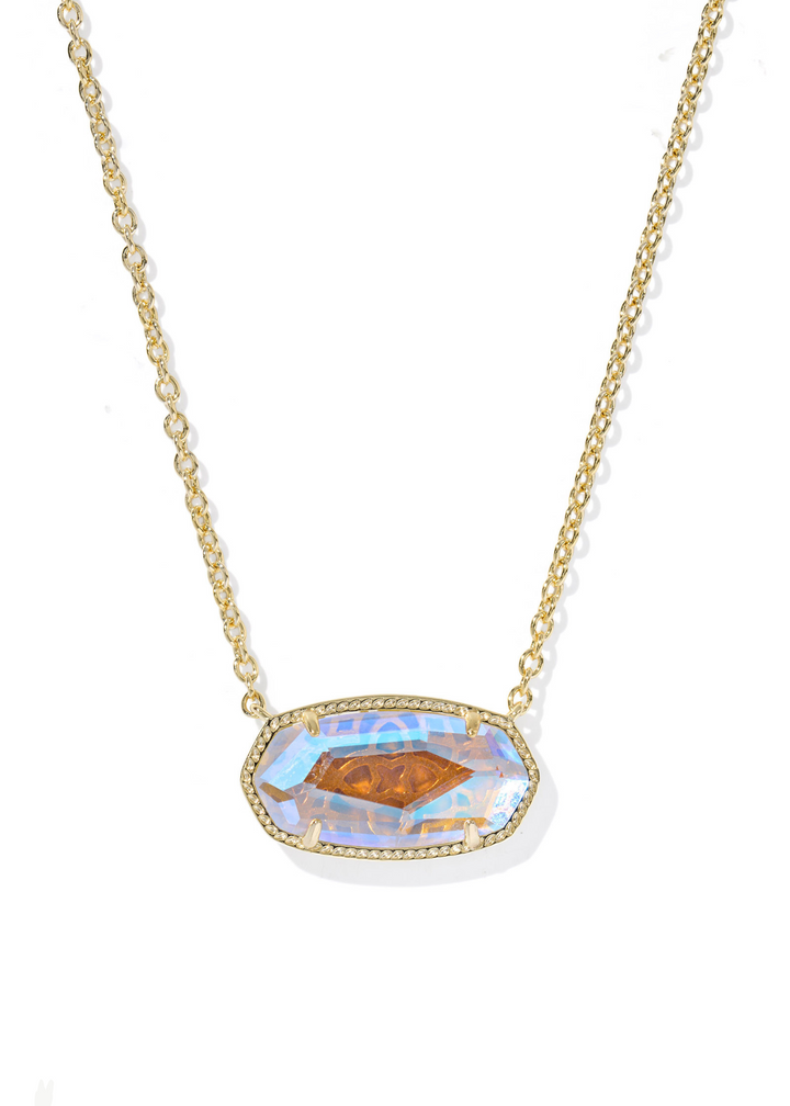 Women's gold chain necklace with a dichroic glass pendant on a white background