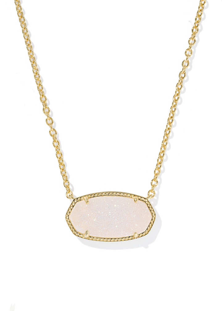 Women's gold chain necklace with an iridescent drusy stone on a white background