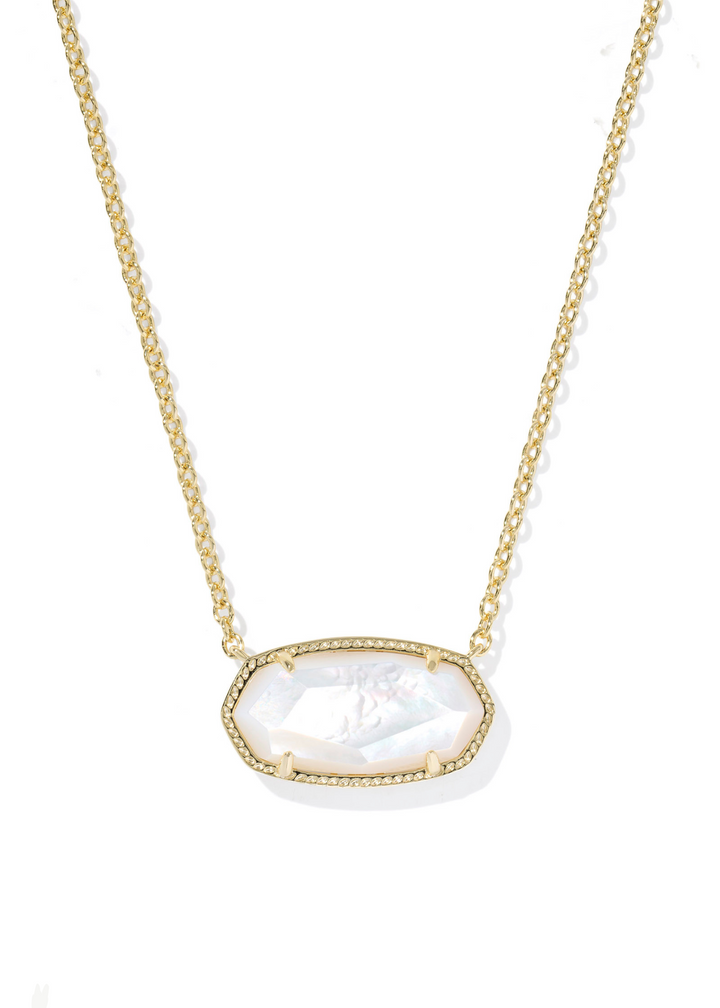 Women's gold chain necklace with an ivory mother of pearl pendant on a white background