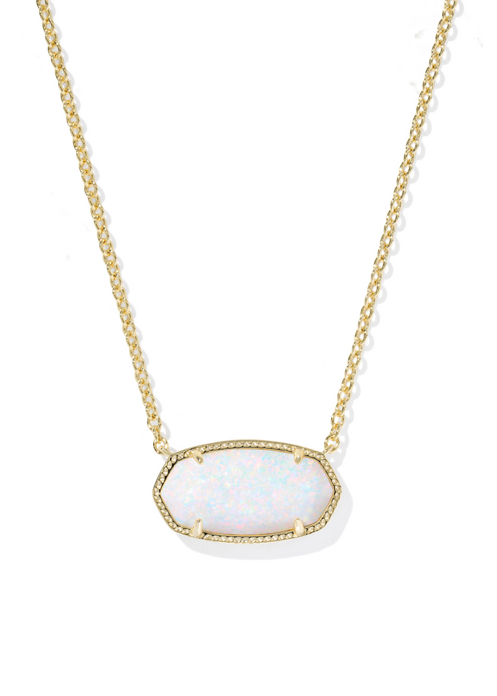 Women's gold chain necklace with a Kendra Scott elisa shaped white kyocera opal pendant