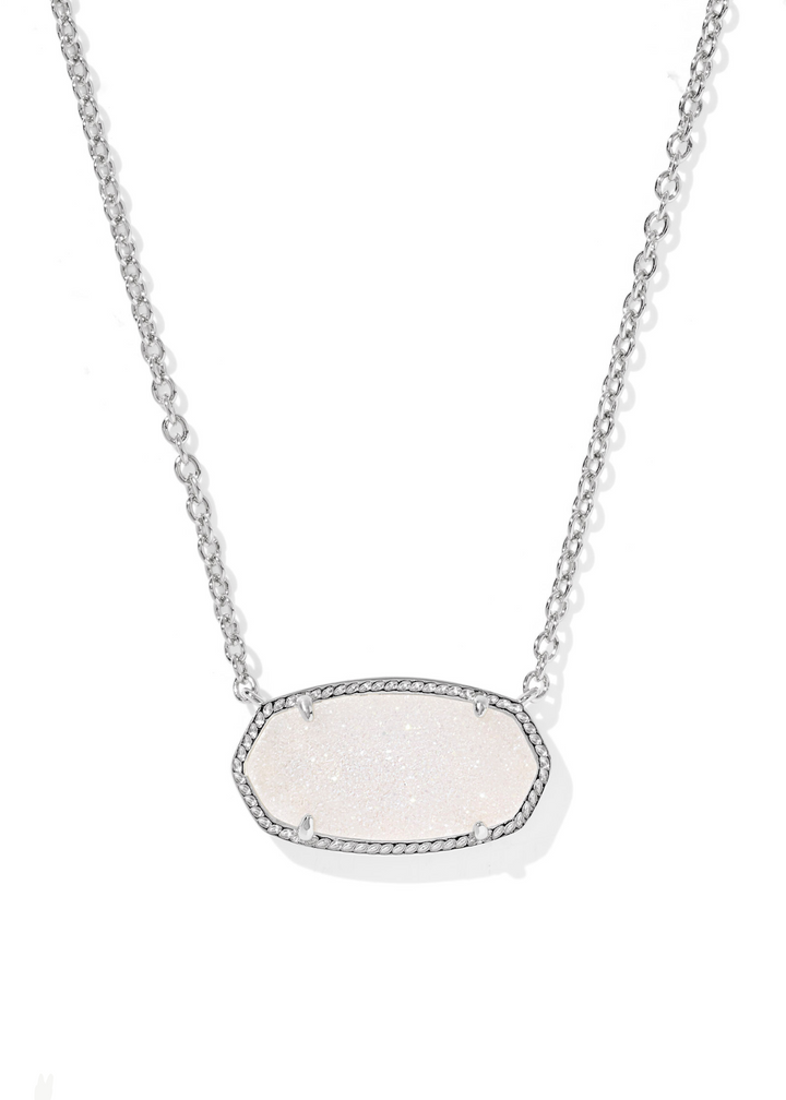 Women's rhodium chain necklace with an iridescent drusy pendant on a white background