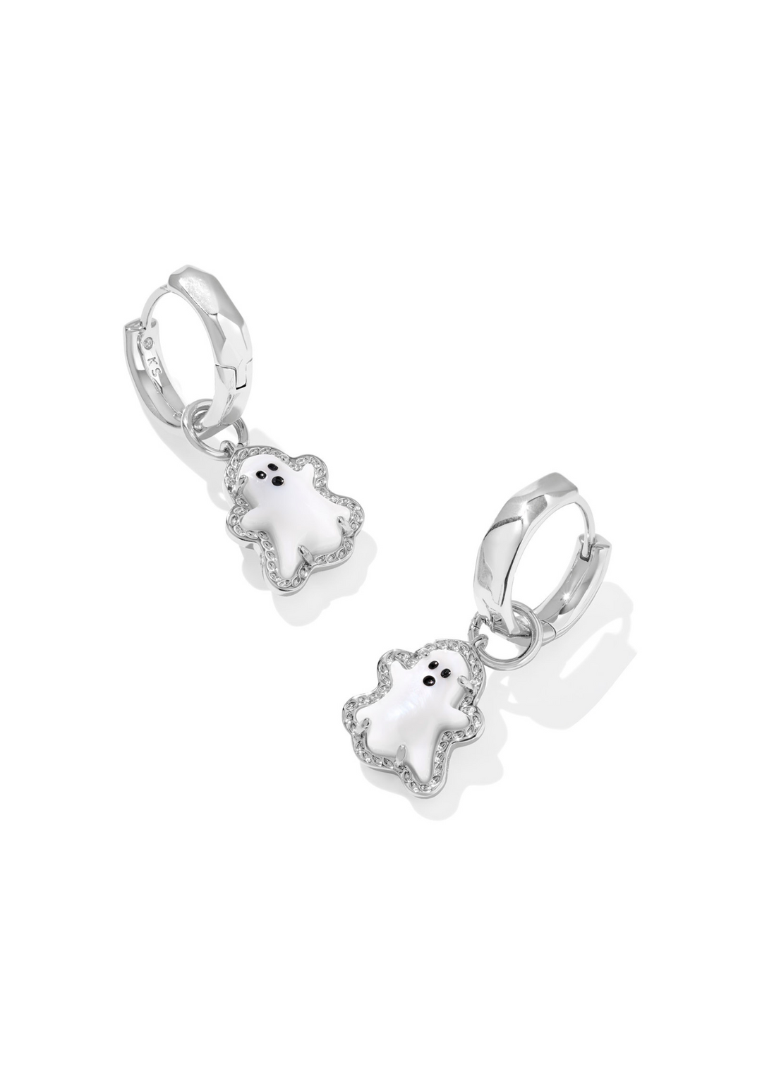 Rhodium ghost shaped huggies with a white center stone on a white background