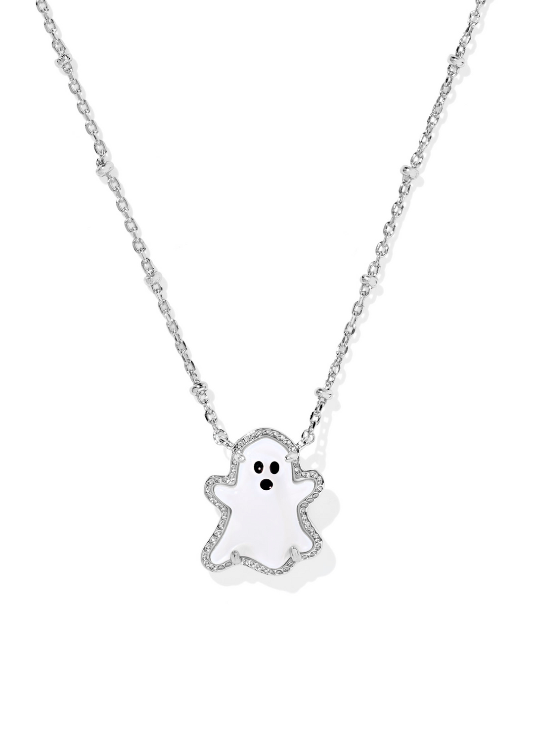 Rhodium necklace with a white ghost pendant on a white background