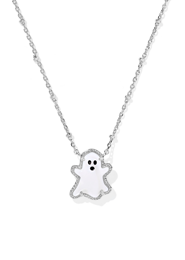 Rhodium necklace with a white ghost pendant on a white background