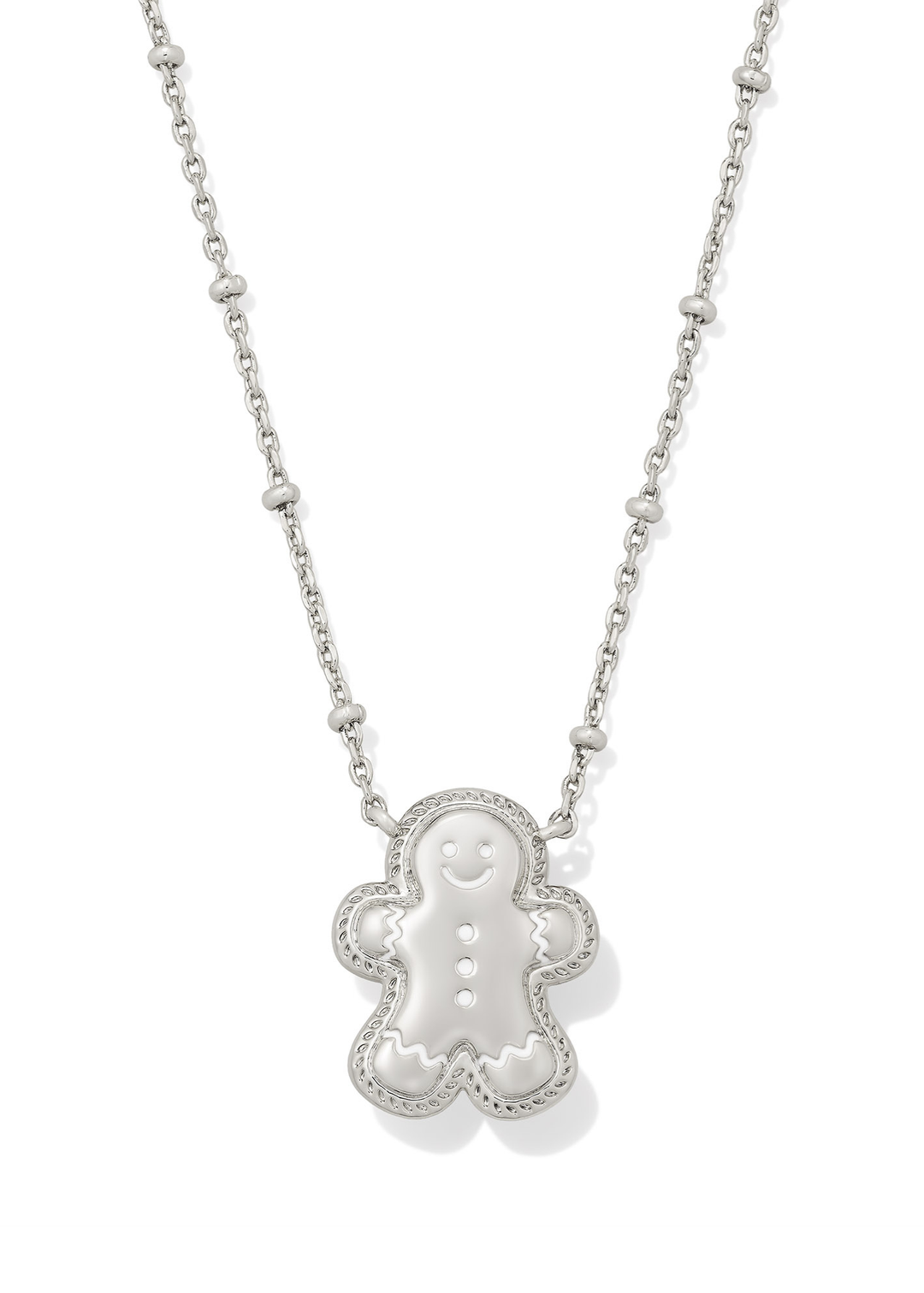 Silver necklace with a silver gingerbread pendant on a white background