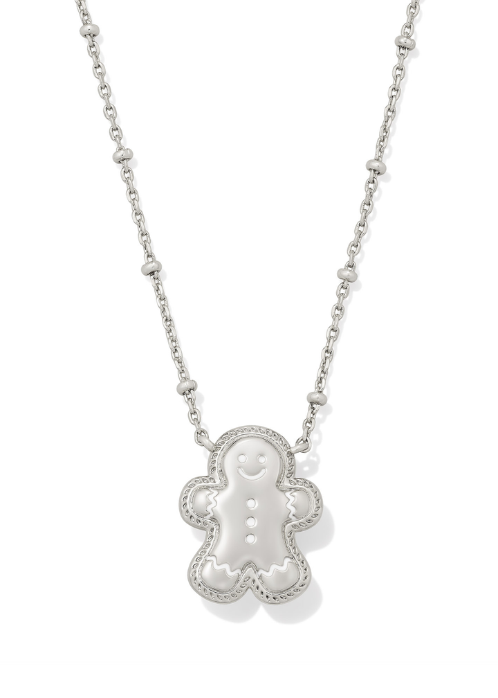 Silver necklace with a silver gingerbread pendant on a white background