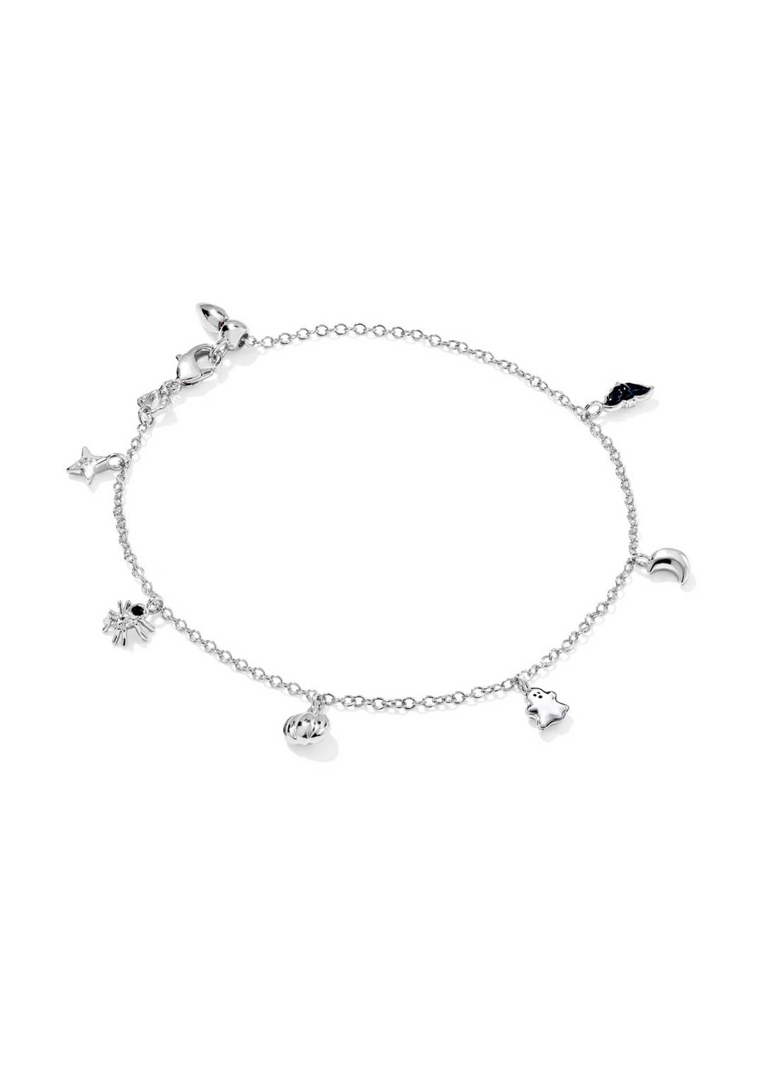 Rhodium delicate chain bracelet with halloween charms on a white background