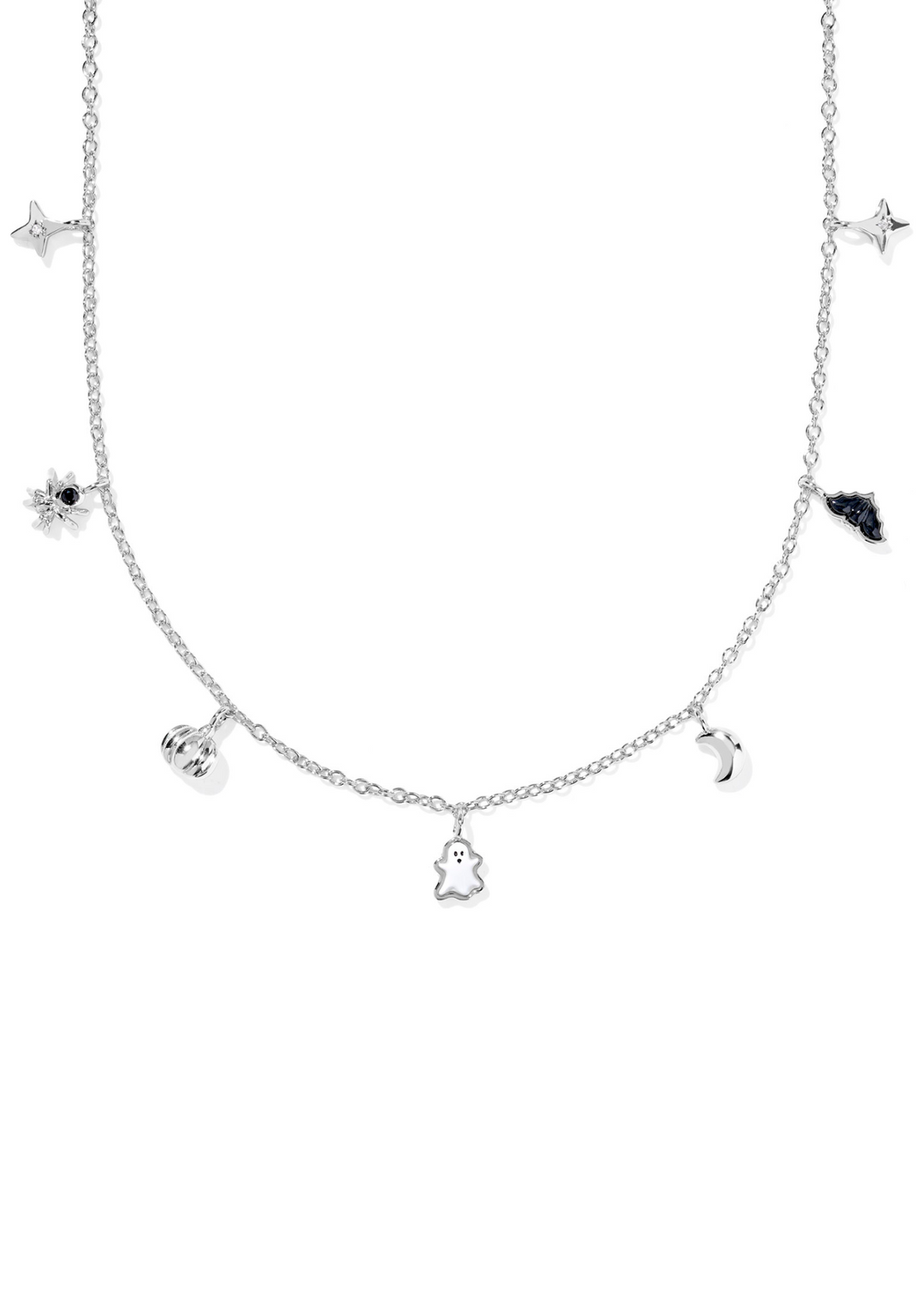 Rhodium strand necklace with halloween charms on a white background