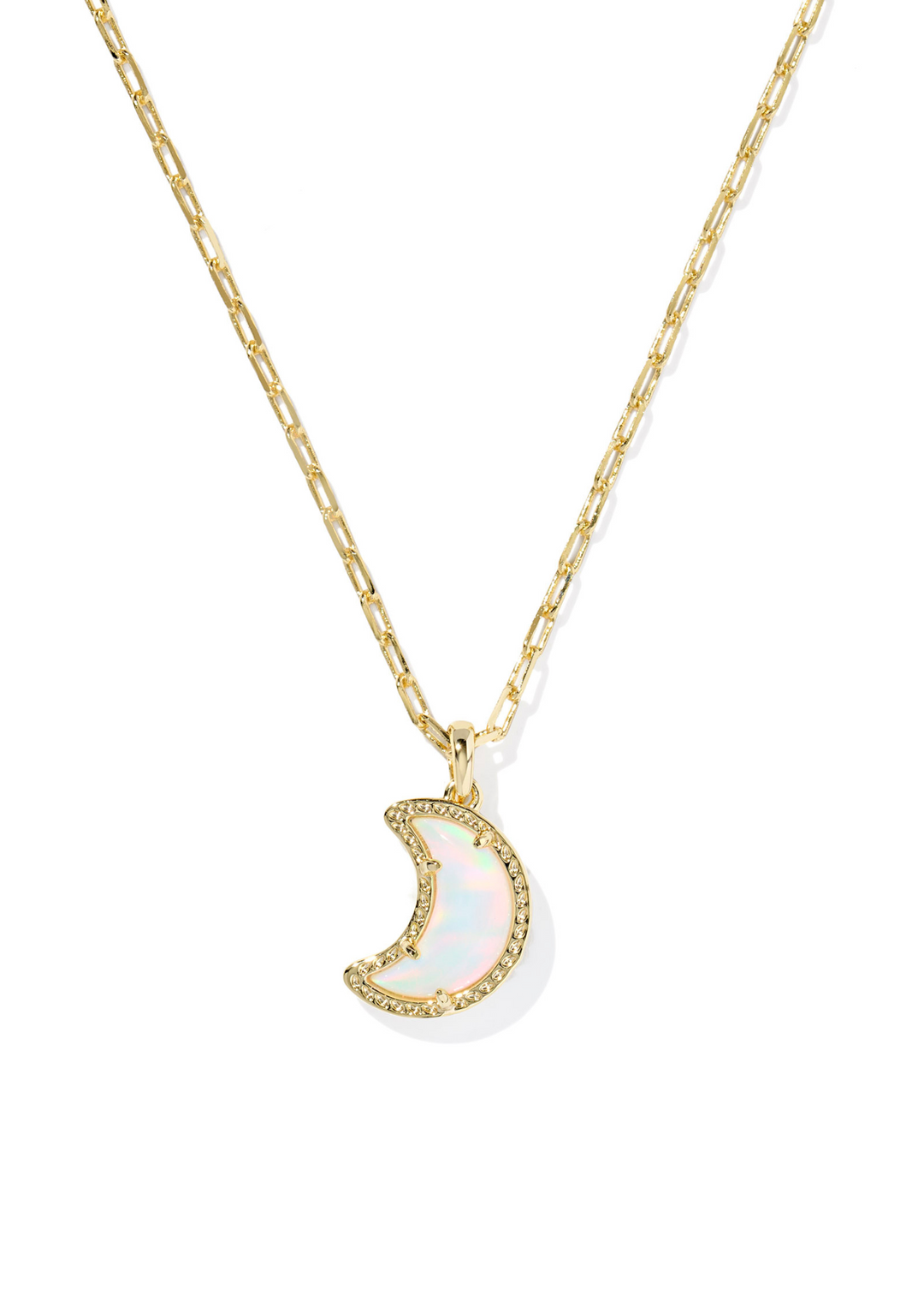 Gold necklace with a white moon shaped pendant on a white background