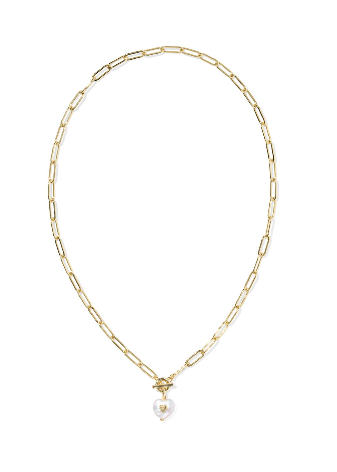 Gold chain necklace with a heart shaped pearl pendant on a white background