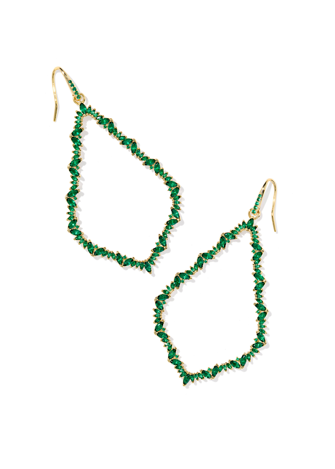 Green crystal open frame earrings on a white background