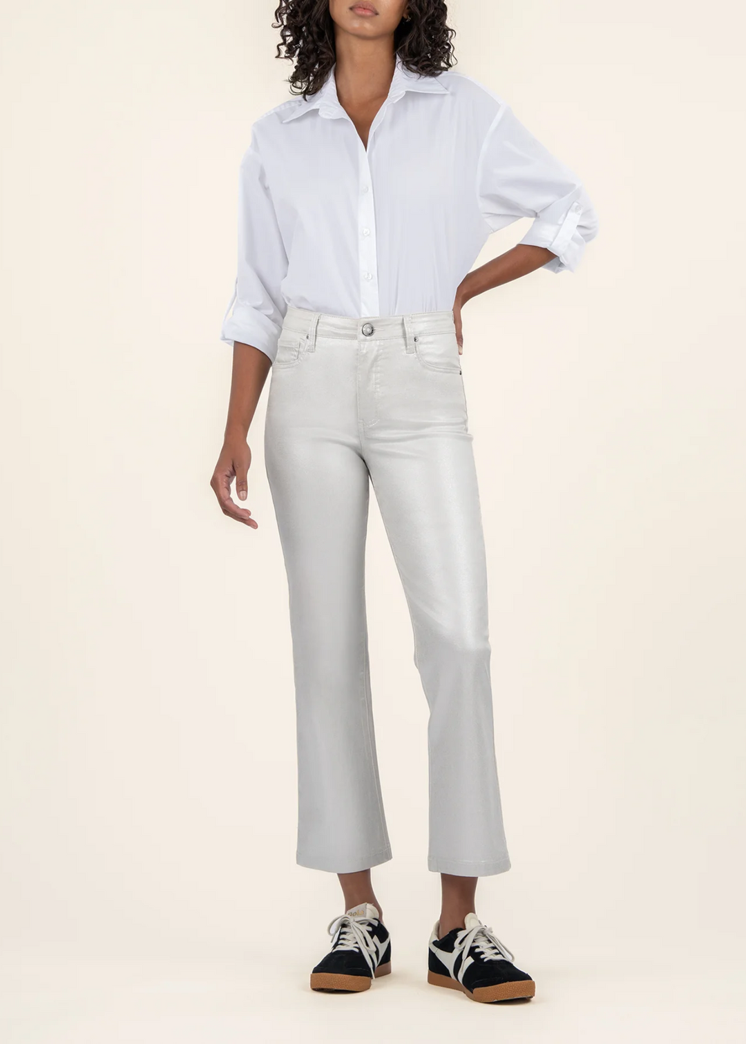 Kut From the Kloth Kelsey Coated High Rise Ankle Flare Jeans in Light Silver