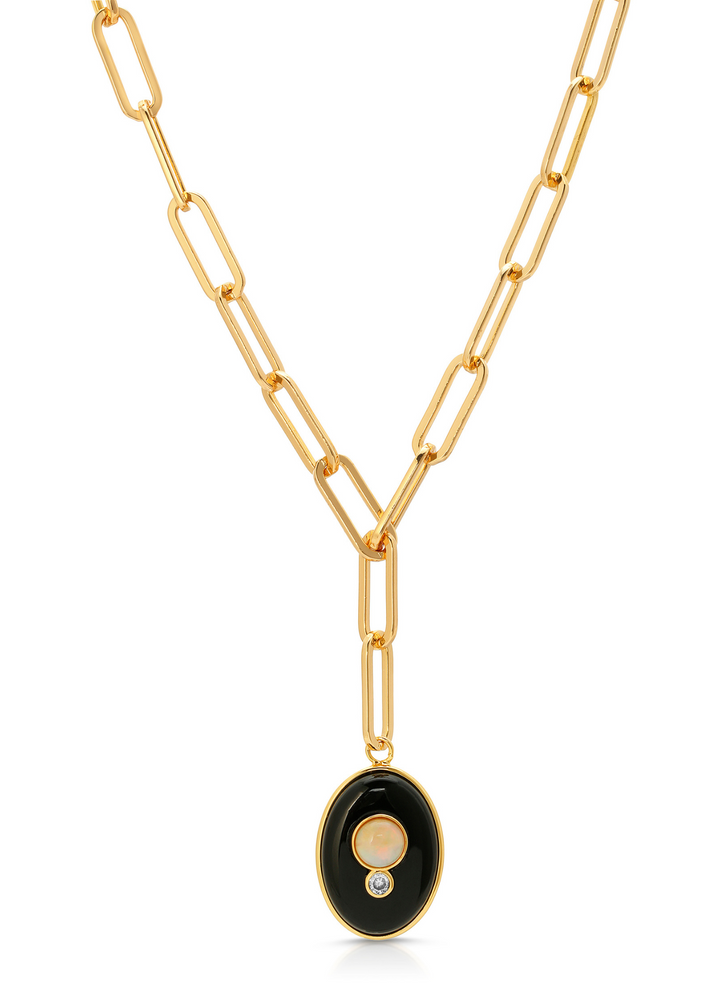 Women's gold chain, y-shaped necklace with a black onyx pendant