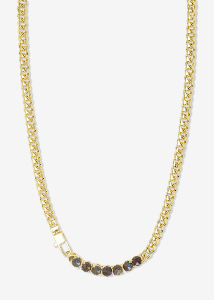 Gold chain necklace with seven labradorite stones on a white background
