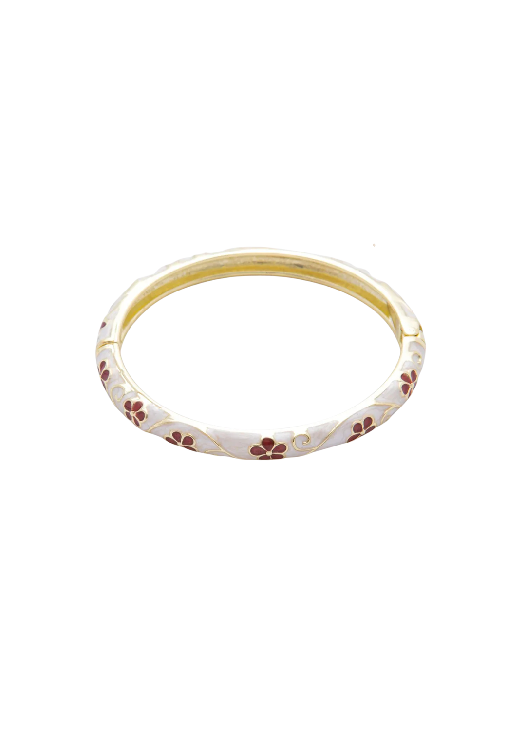 White, gold, and maroon floral bangle bracelet on a white background