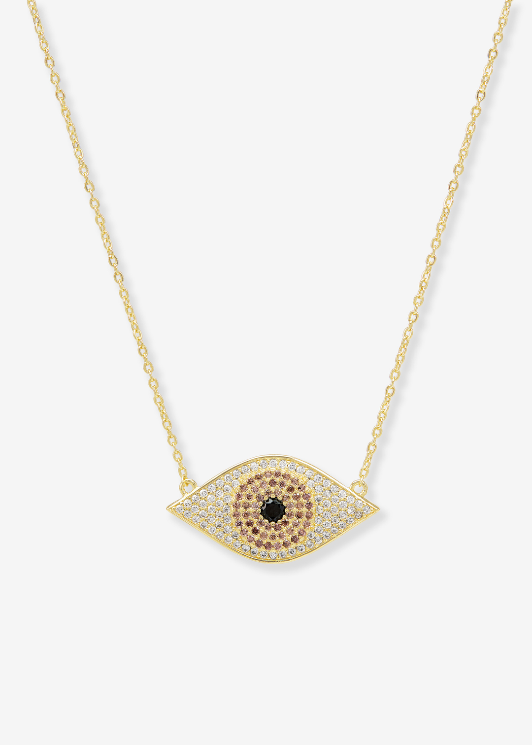 Gold necklace with an evil eye pendant on a white background