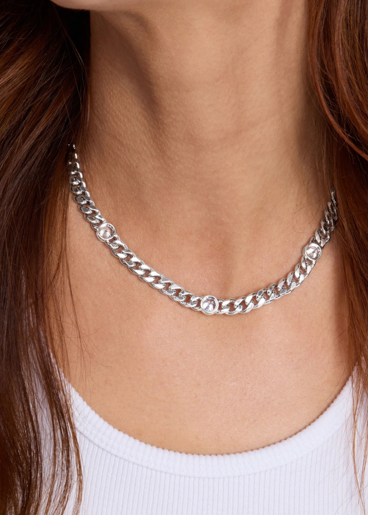 Melinda Maria Julian Triple Diamond 16" Cuban Chain Necklace - Silver/White Crystal