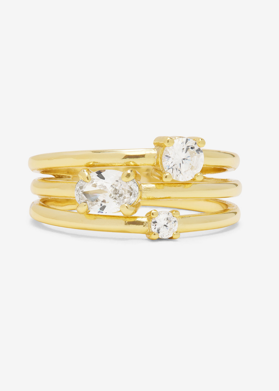 Women's stacked gold ring with three bands and three diamonds