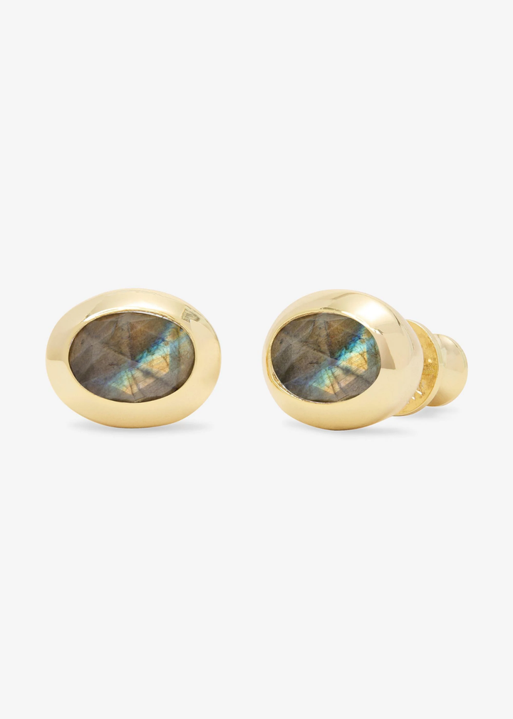 Gold framed labradorite stud earrings on a white background