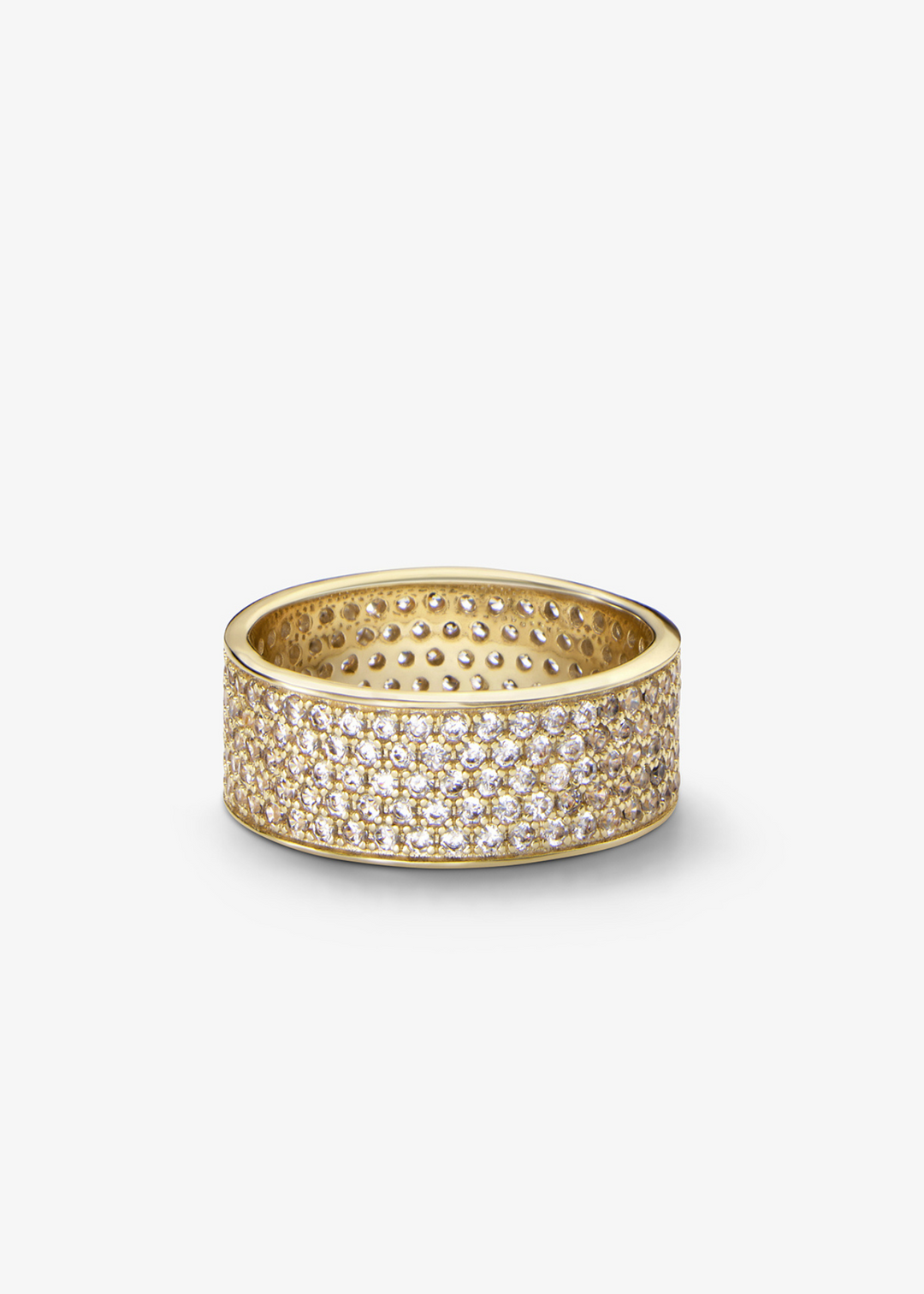 Women's gold band ring with a pave texture