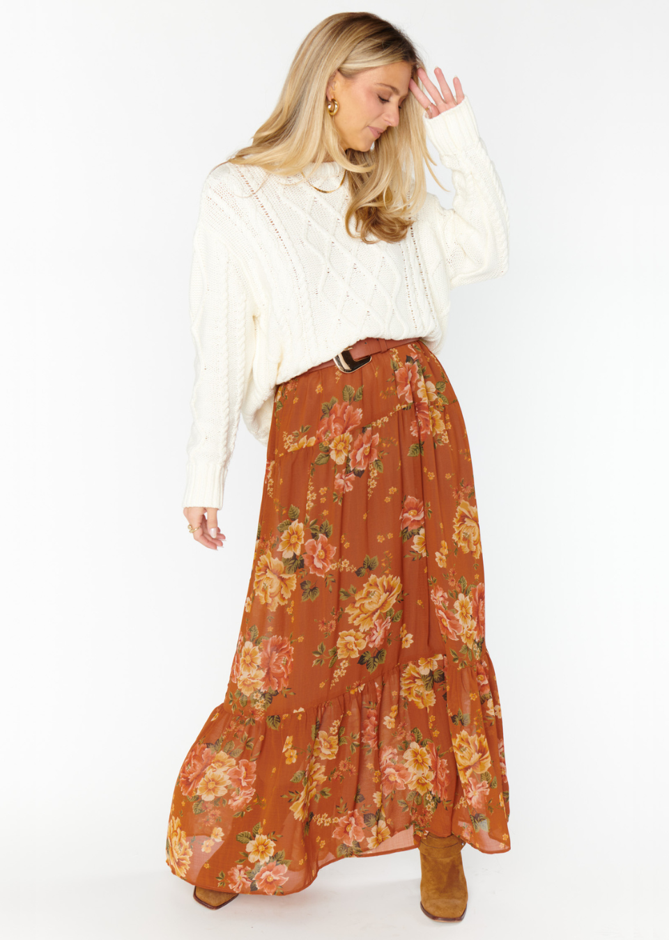 burnt orange and gold floral tiered maxi skirt