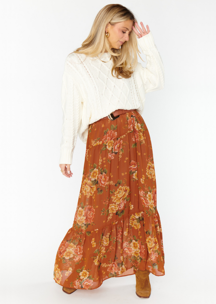 burnt orange and gold floral tiered maxi skirt