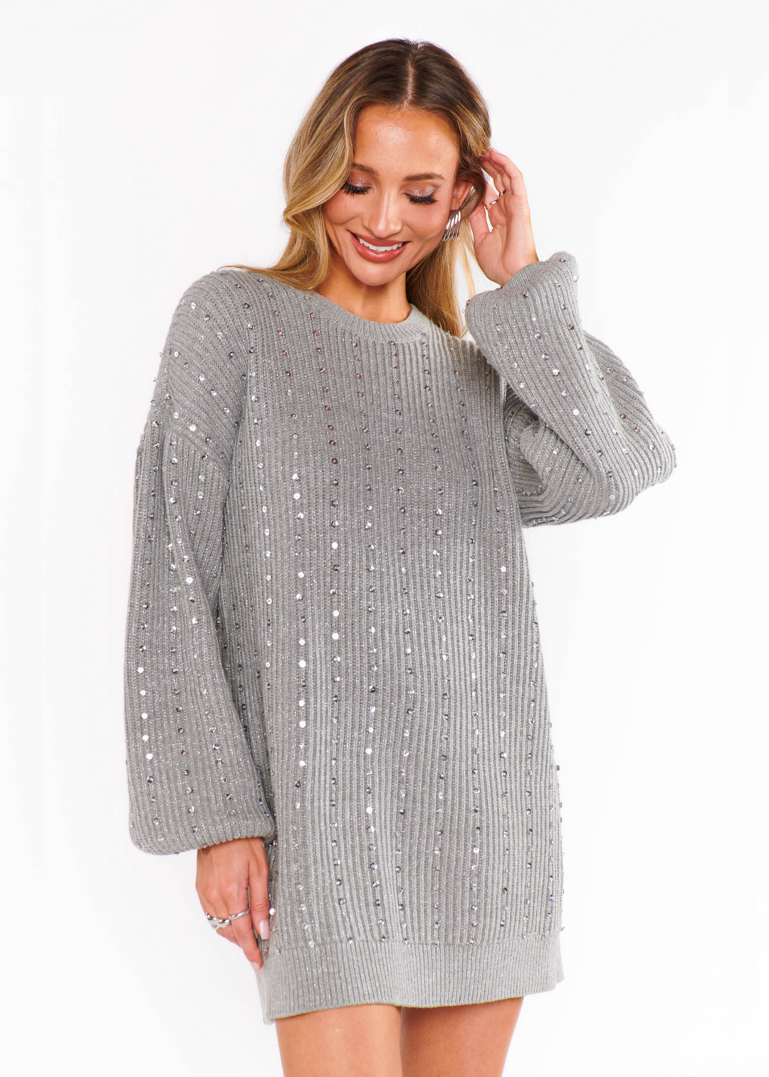 Show Me Your Mumu Social Sweater Dress in Silver Sequins Knit