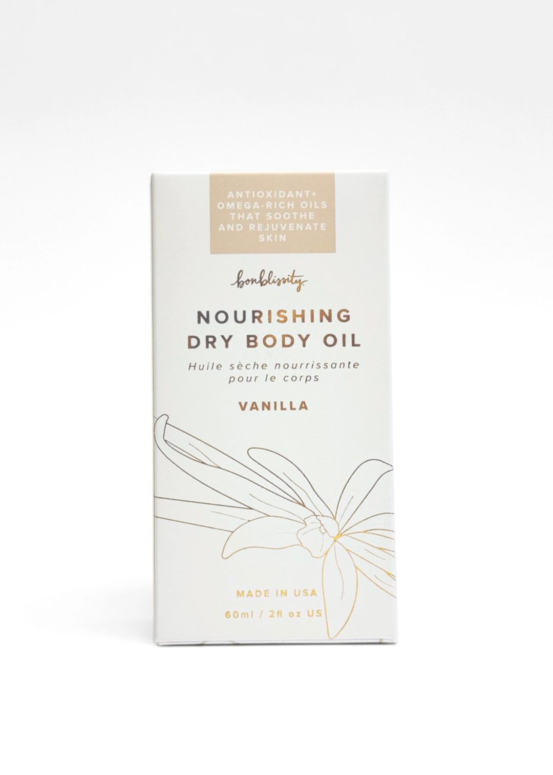 Vanilla scented nourishing dry body oil packaging