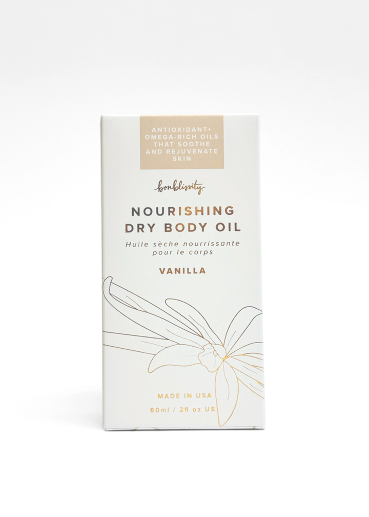 Vanilla scented nourishing dry body oil packaging