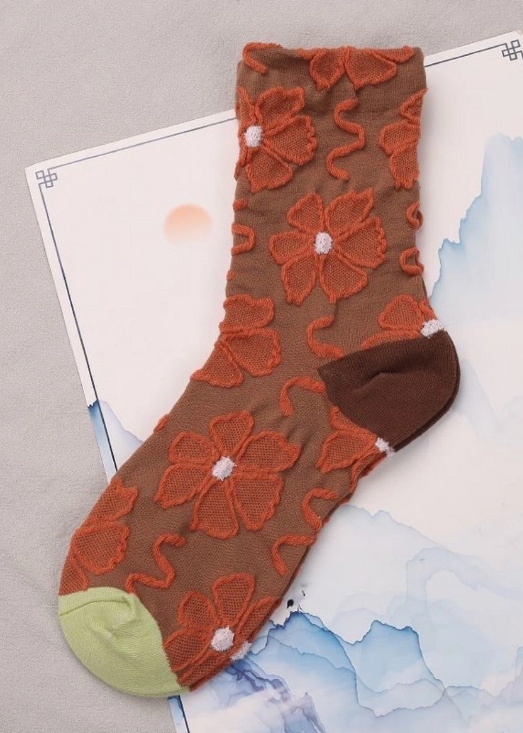 women's orange, brown, and green retro floral embossed crew socks