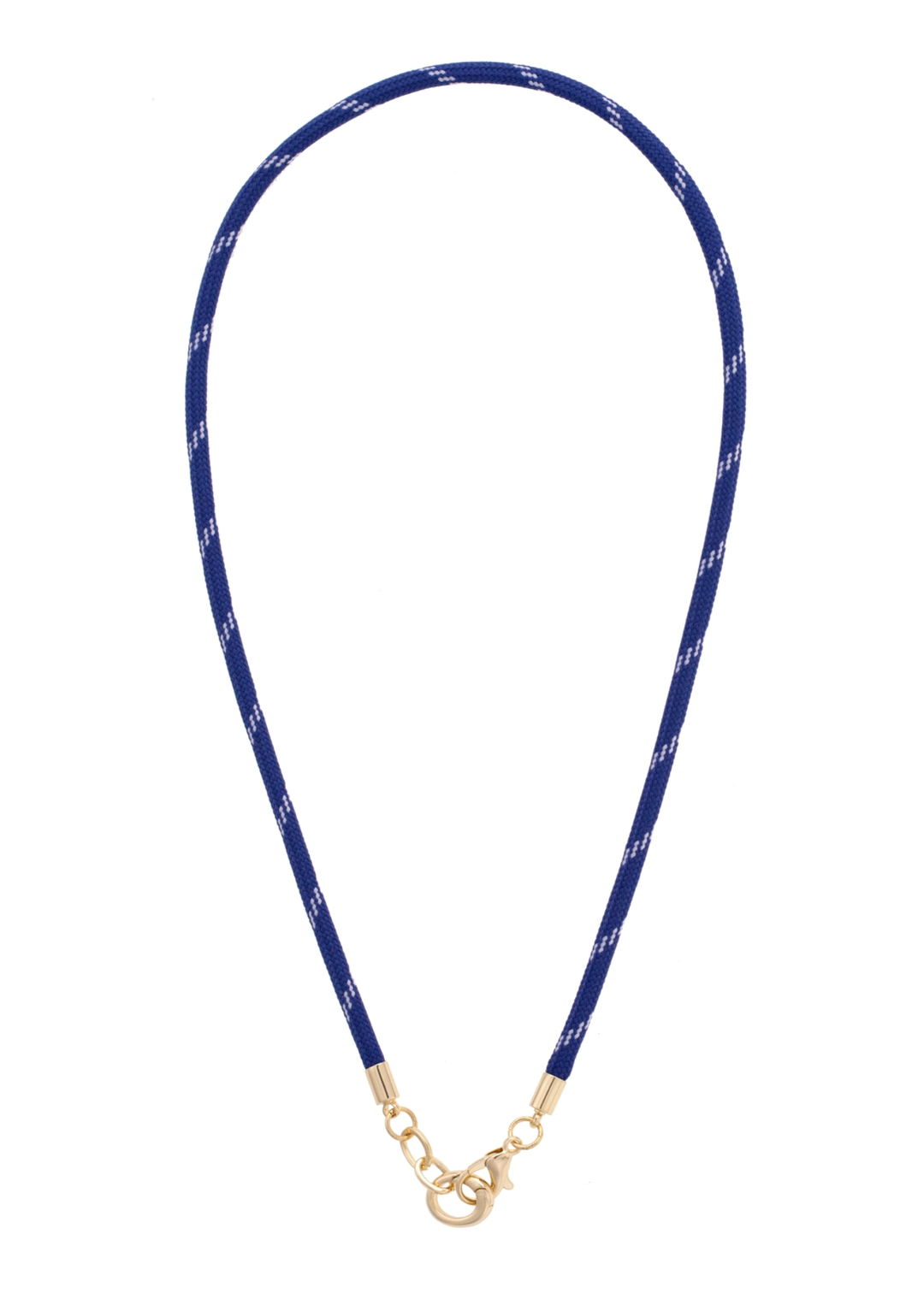 Blue paracord necklace with a gold clasp on a white background
