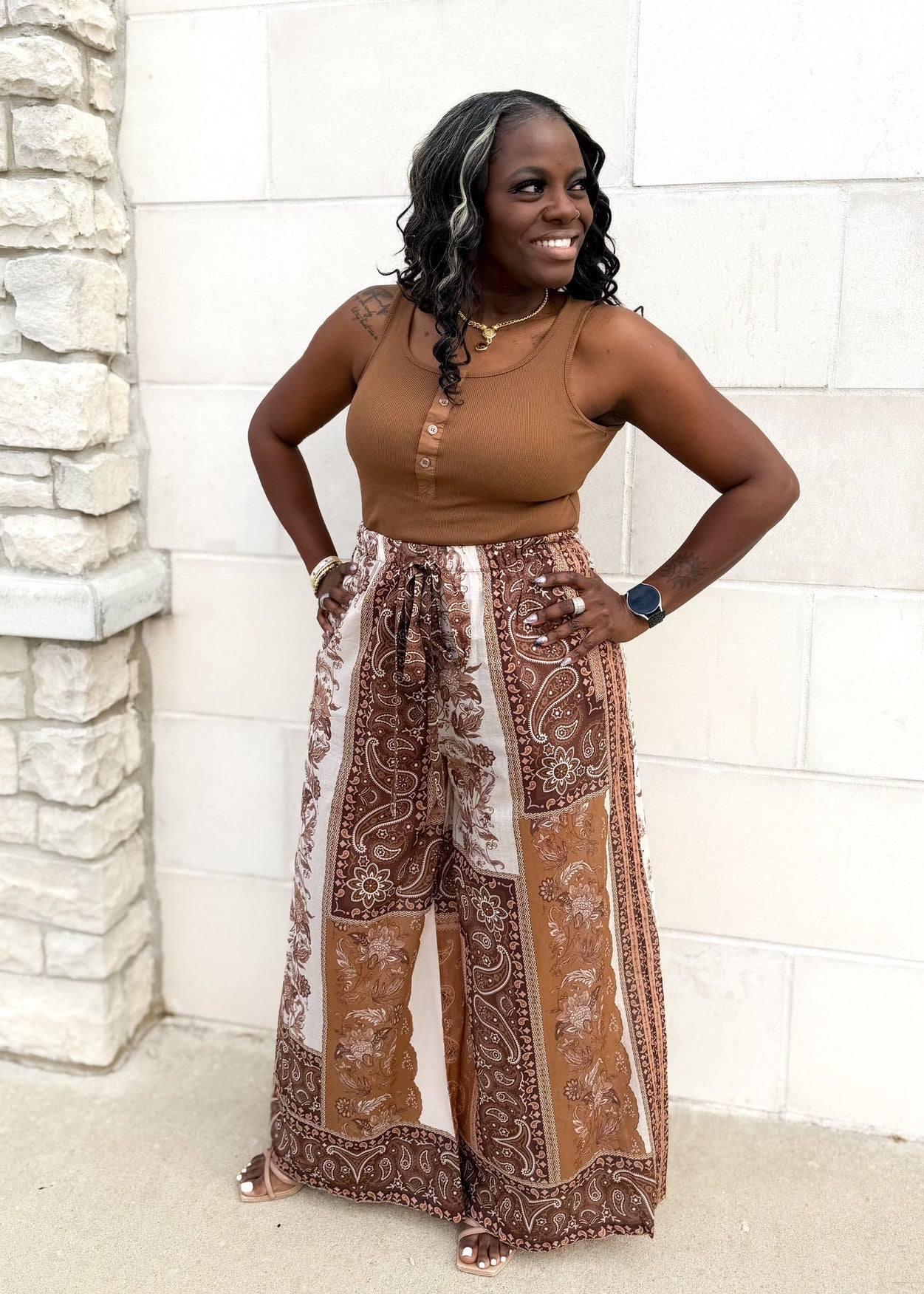 Astrid Brown Scarf Pattern Pant – June & Beyond Boutique