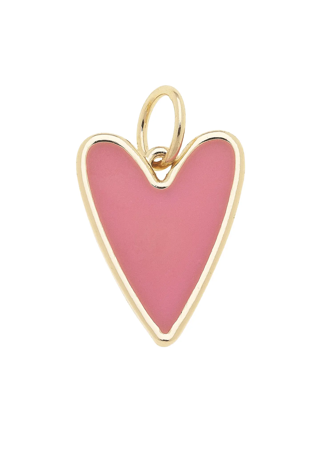 Gold framed heart charm with a pink enamel center against a white background