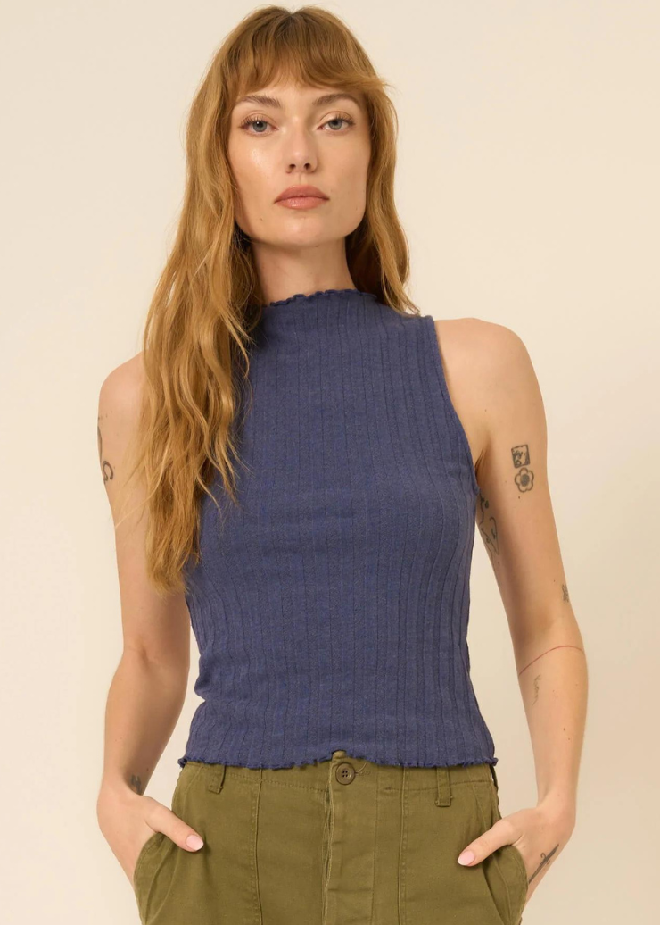 indigo blue ribbed sleeveless funnel neck top