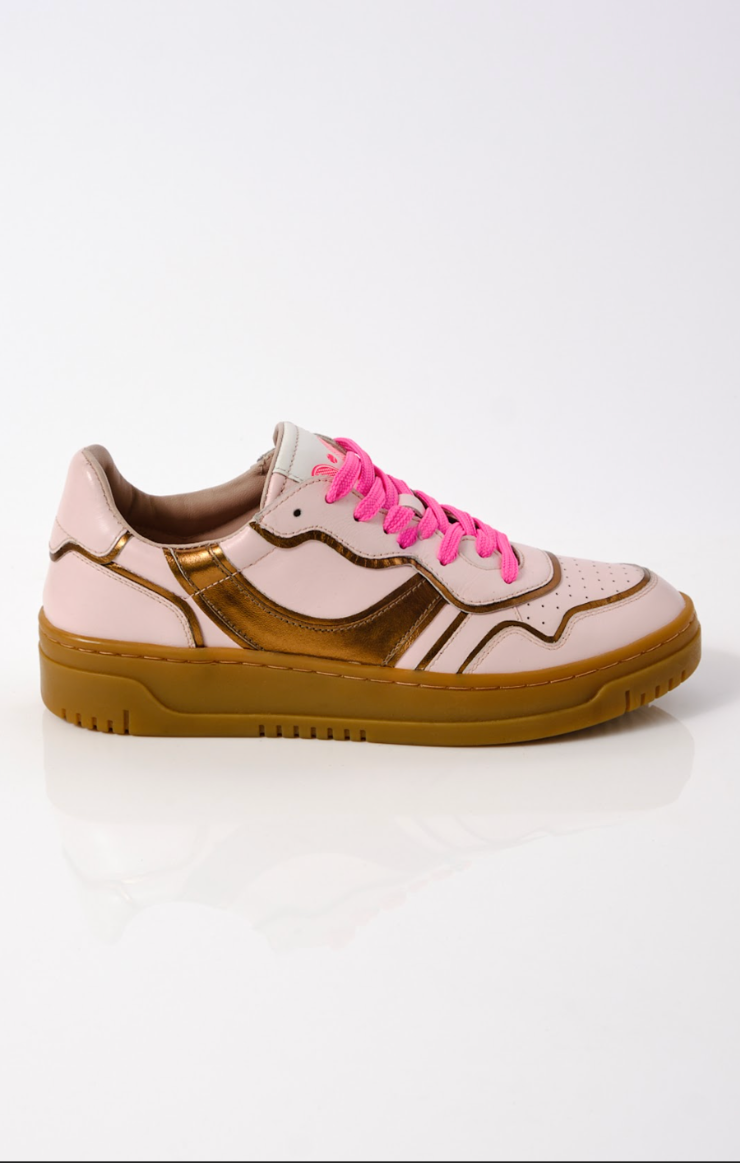 pink and bronze metallic sneakers with gummy soles and hot pink laces