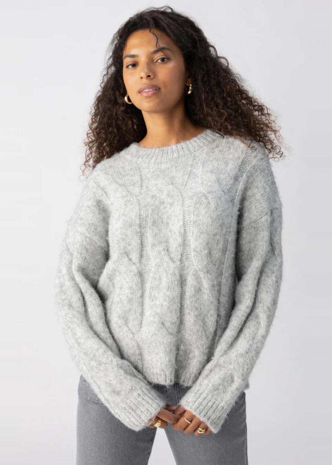 light grey fuzzy cable knit crew neck sweater