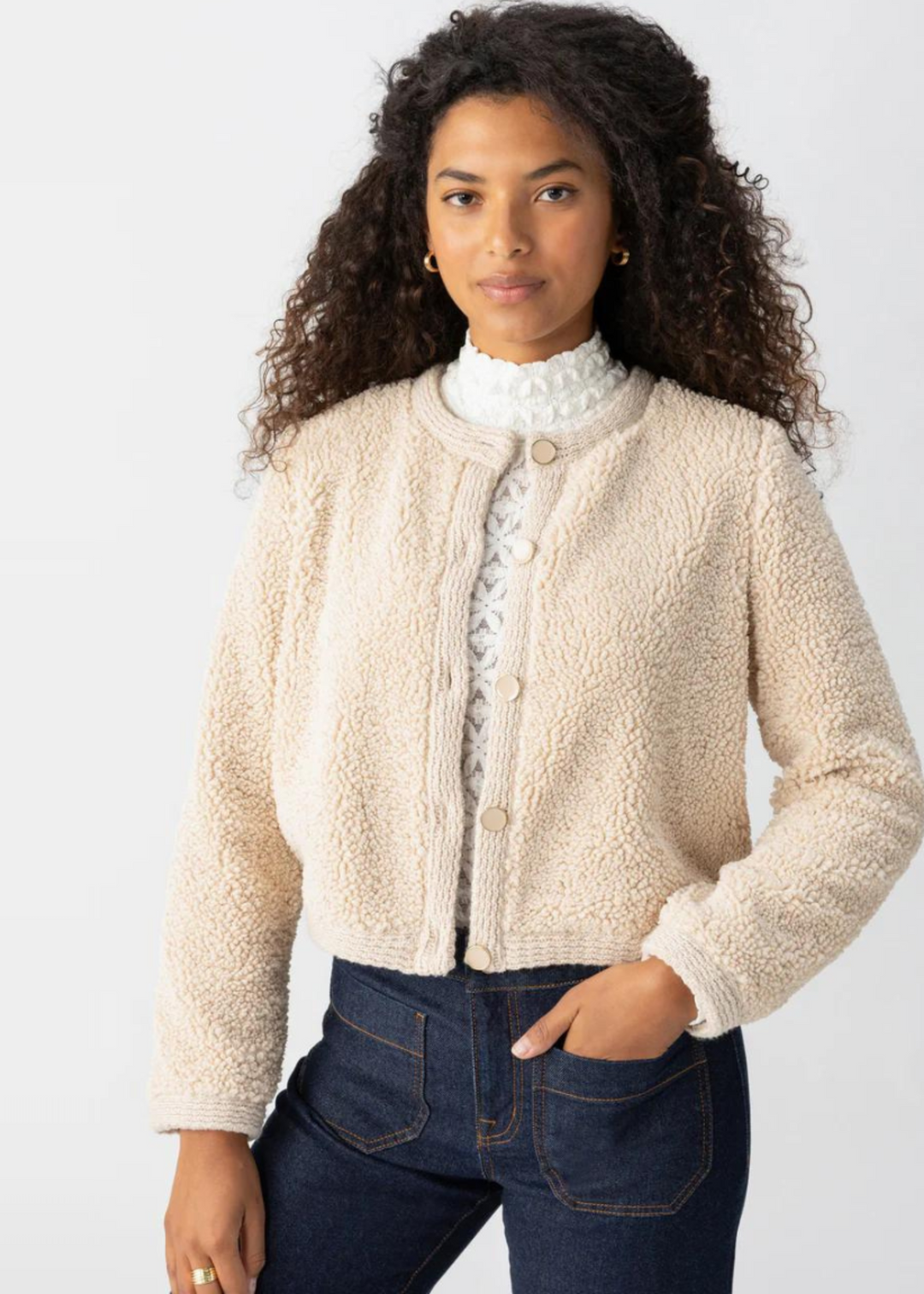 toasted almond sherpa collarless cardigan