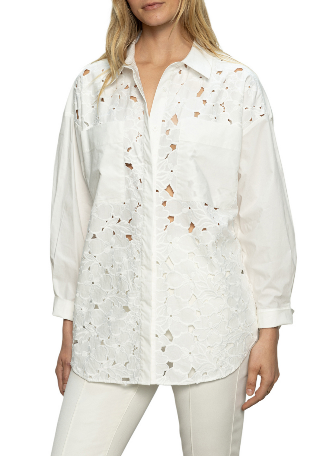 Sanctuary Clothing White Lace collared long sleeve button down with tie back