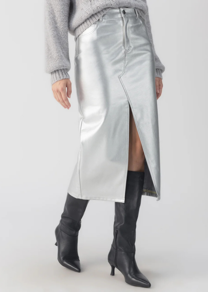 Sanctuary Clothing Leather Like Midi Skirk in Silver