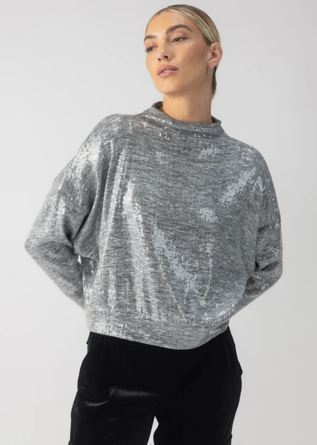 Sanctuary Clothing Sequin Funnel Neck Top in Heather Grey Sequin