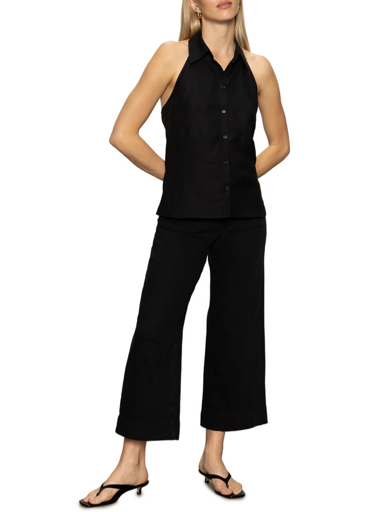 Women's black tank with a halter neck and an open back