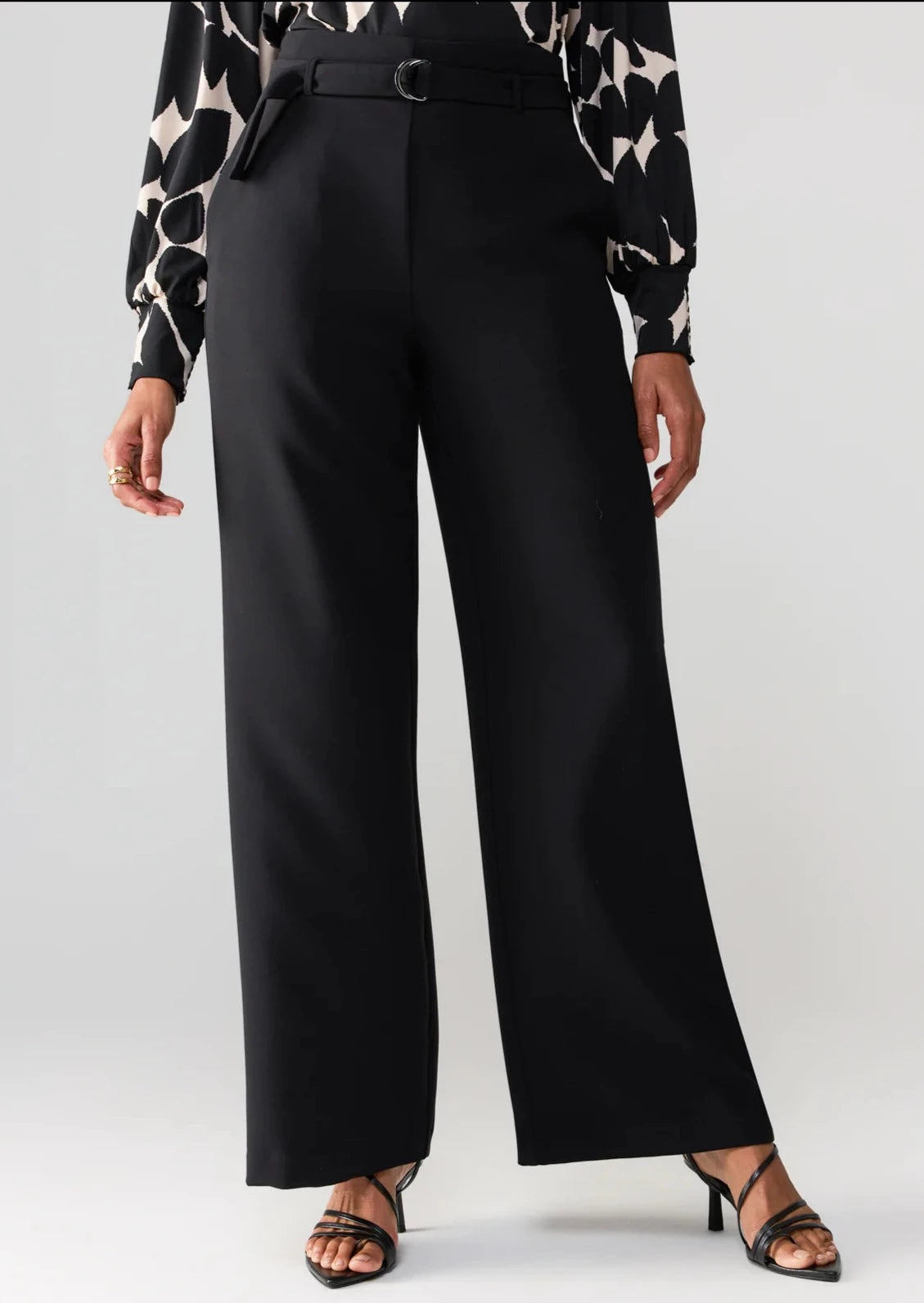 black high rise wide leg trouser pant with built in adjustable loop belt