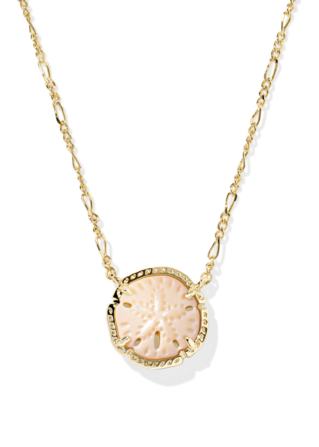 Gold framed necklace with a gold chain and sand dollar pendant