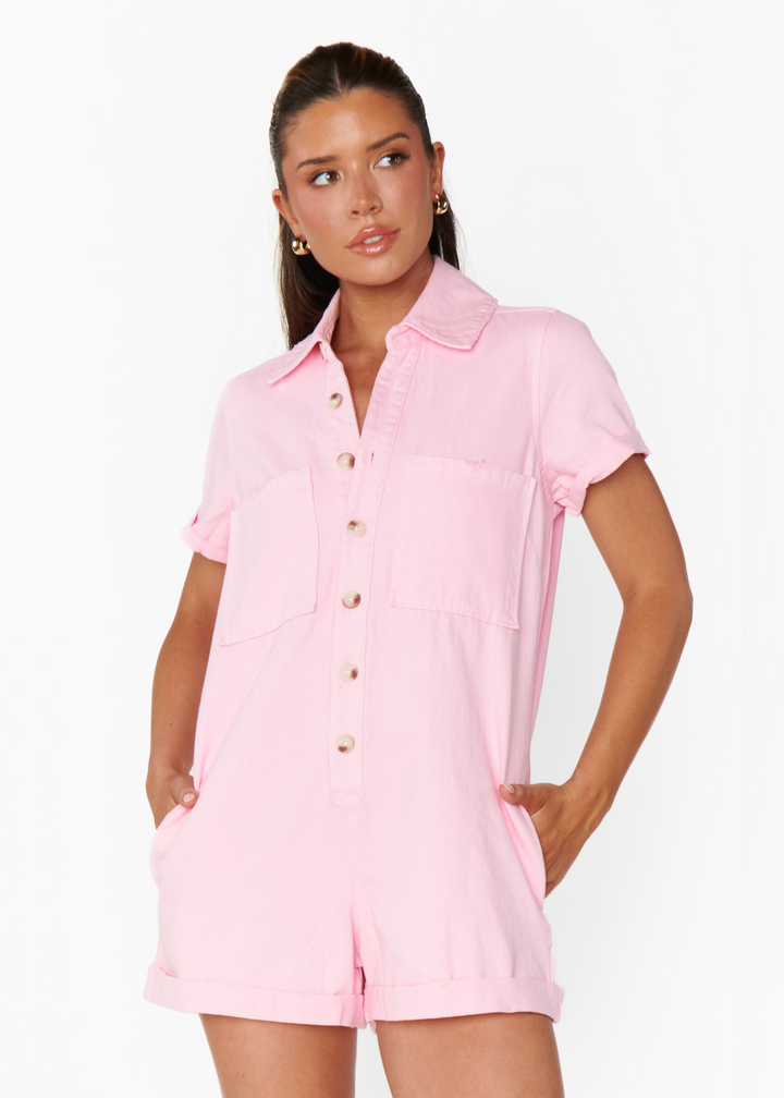 Show Me Your Mumu Range Romper in Candy Pink Denim