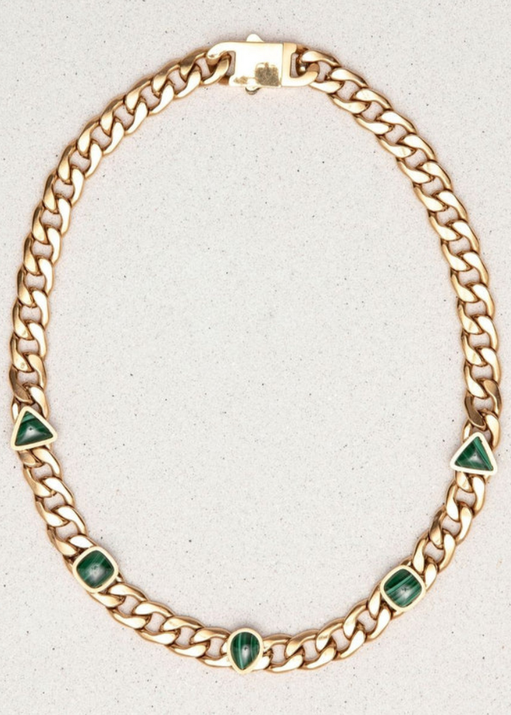 gold chain necklace with abstract shape green gems 