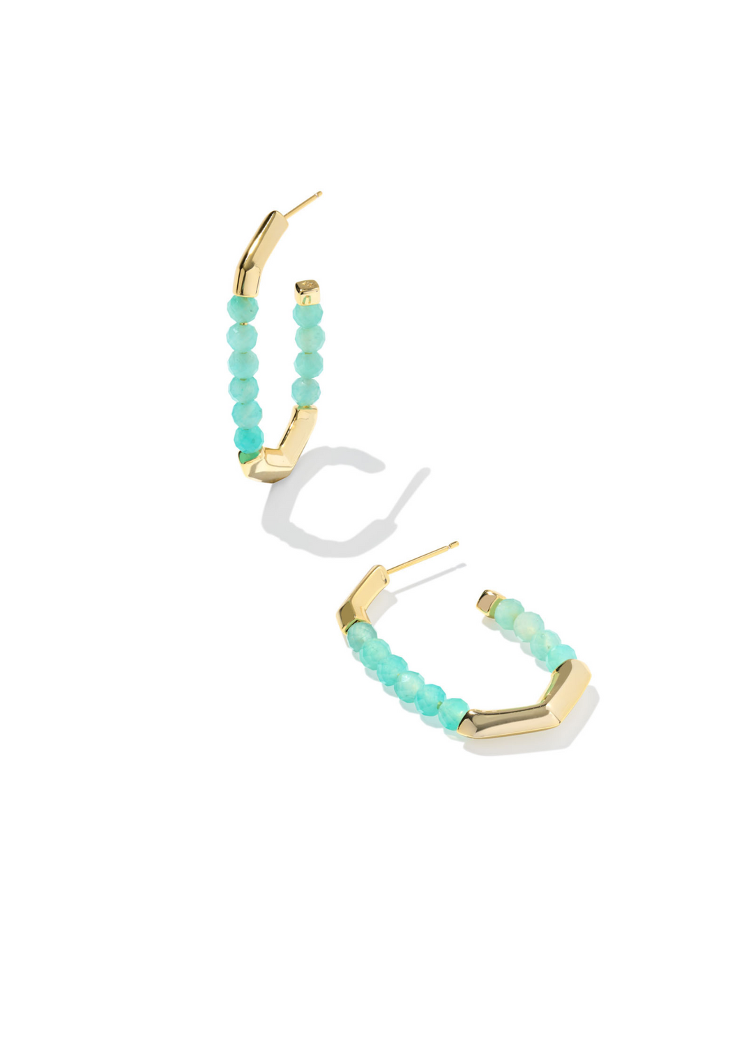 Gold oval hoop earrings with teal beads